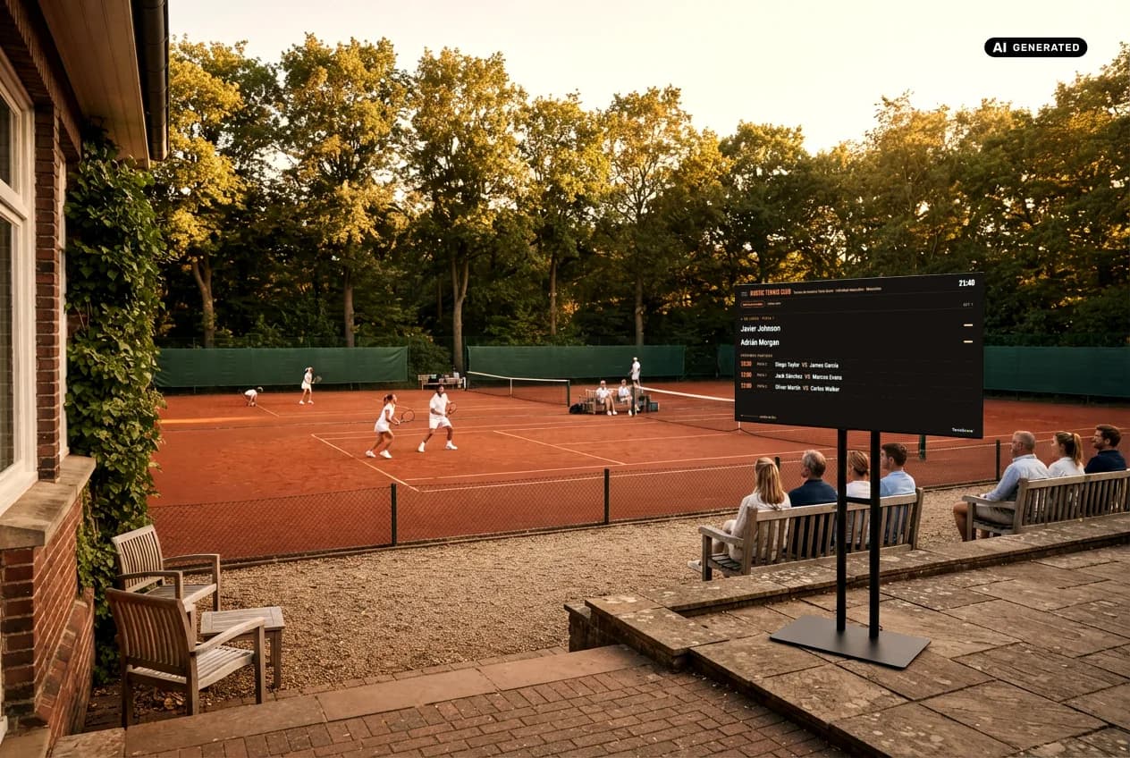 Recreación de un club de tenis con el Display de ClubScore en una TV