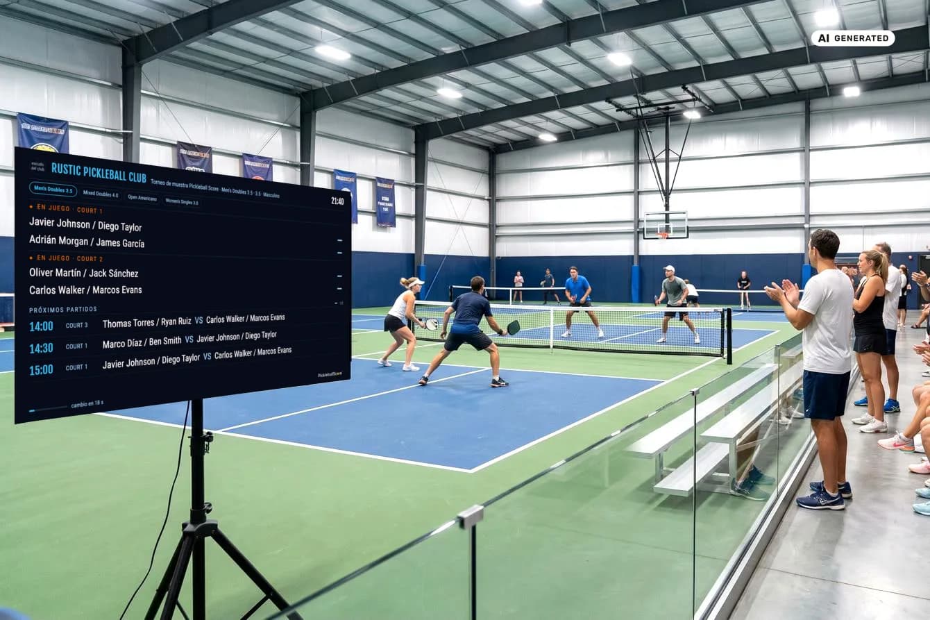 Recreación de un club de pickleball con el Display de ClubScore en una TV