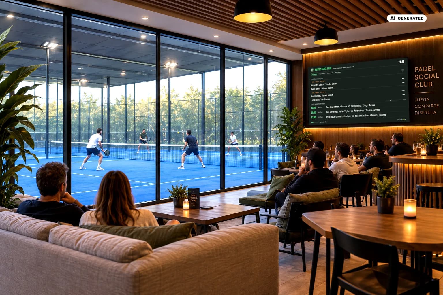 Recreación de un club de pádel con el Display de ClubScore en una TV